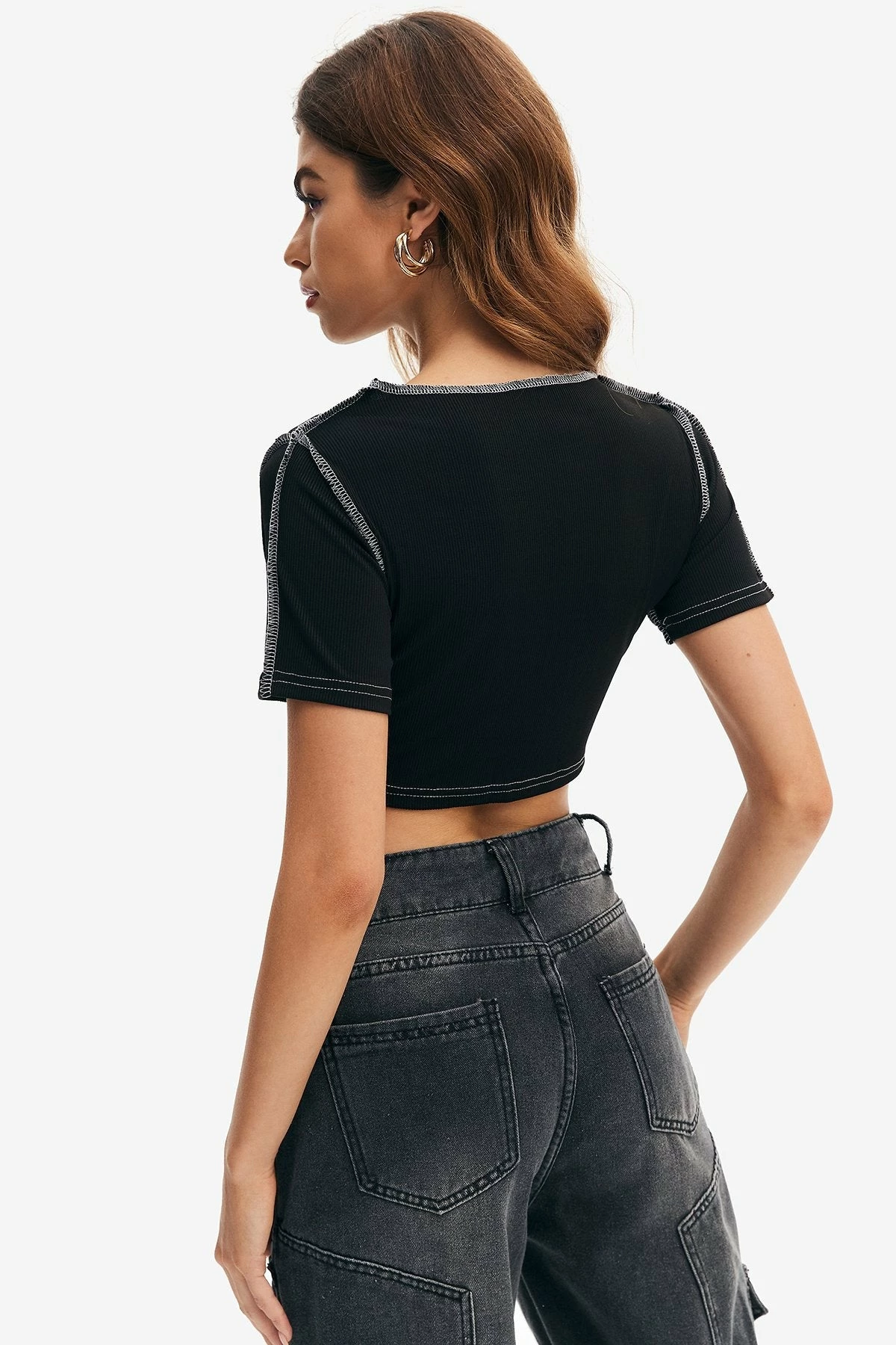 Solado Lace Up Short Sleeve Seam Detail Crop Top 4 Solado Lace Up Short Sleeve Seam Detail Crop Top - Image 2