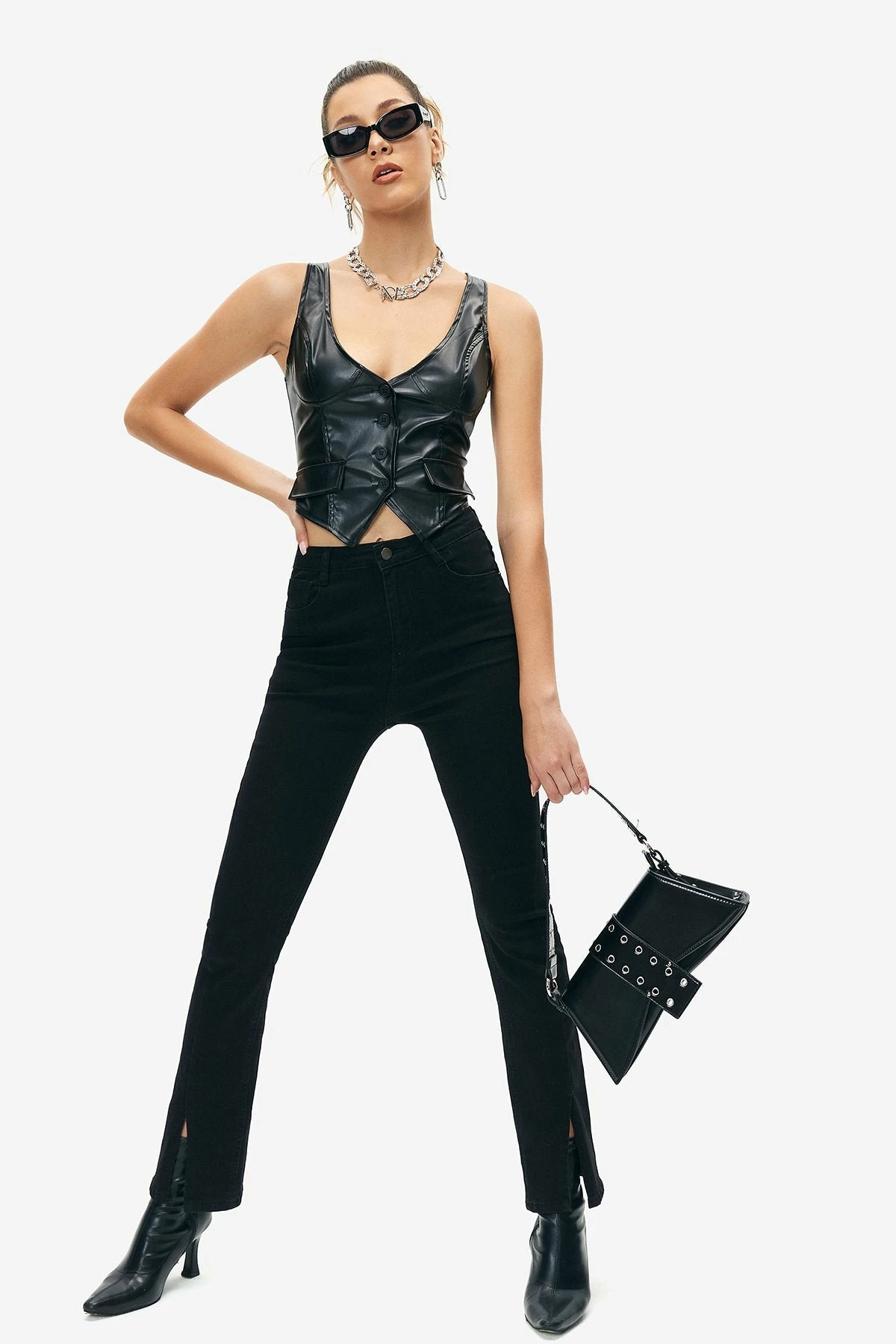 Solado Plunging Neck Button Front PU Leather Crop Top 6 Solado Plunging Neck Button Front PU Leather Crop Top - Image 4