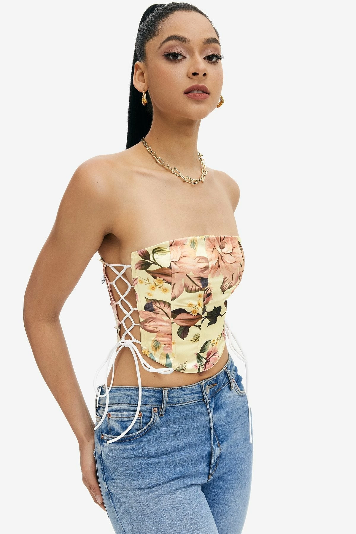Solado Satin Floral Print Lace Up Tube Corset Top 5 Solado Satin Floral Print Lace Up Tube Corset Top - Image 3