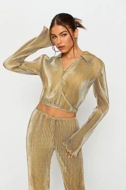 SOLADO Lapel Neck Pleat Tie Back Flared Sleeve Shirt