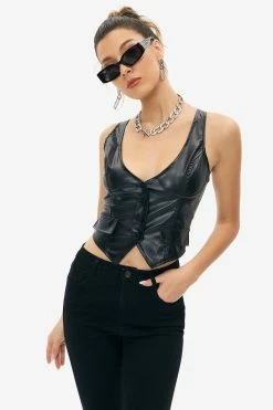 Solado Plunging Neck Button Front PU Leather Crop Top