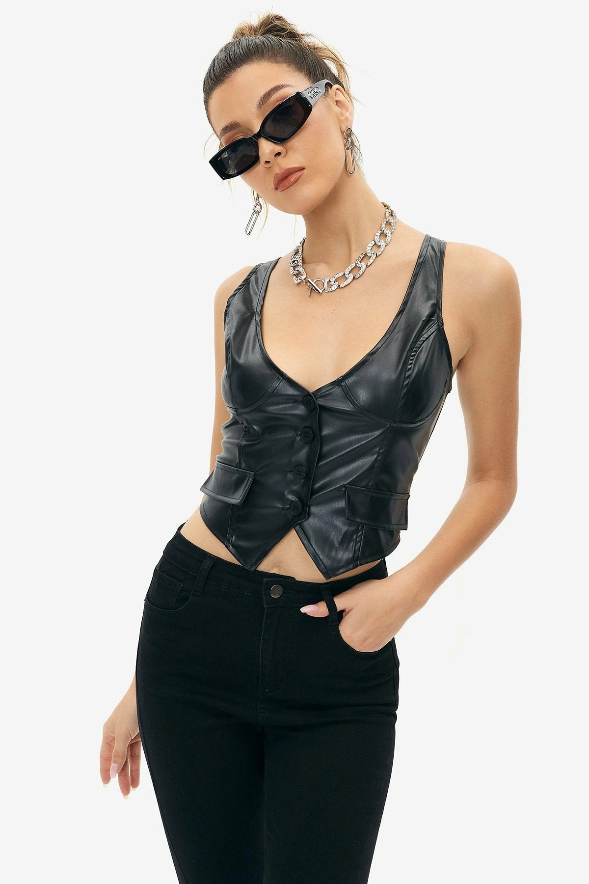 Solado Plunging Neck Button Front PU Leather Crop Top 3 Solado Plunging Neck Button Front PU Leather Crop Top