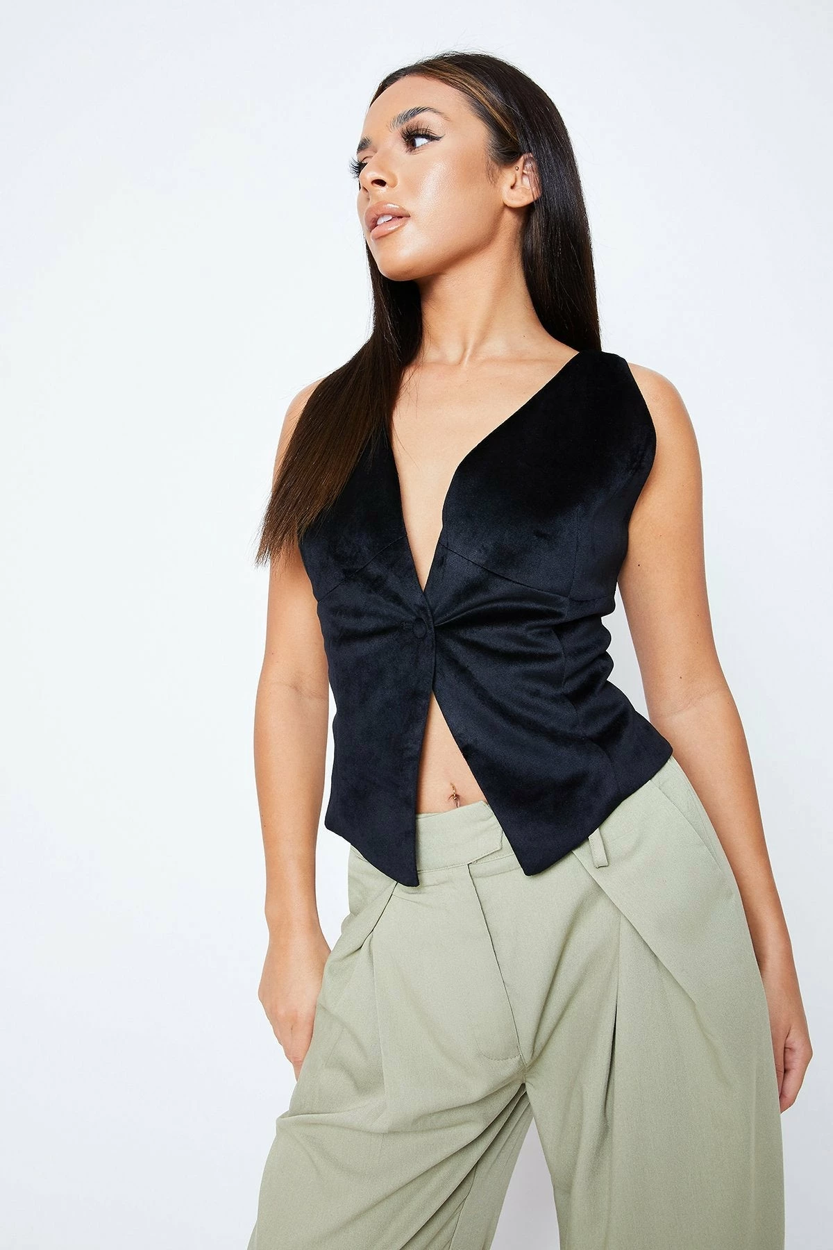 Solado Plunging Neck Button Front Backless Velvet Tank Top 4 Solado Plunging Neck Button Front Backless Velvet Tank Top - Image 2