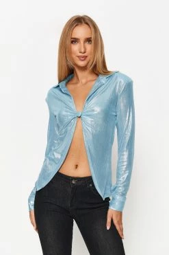 Solado Plunging Neck Single Button Sheen Long Sleeve Top