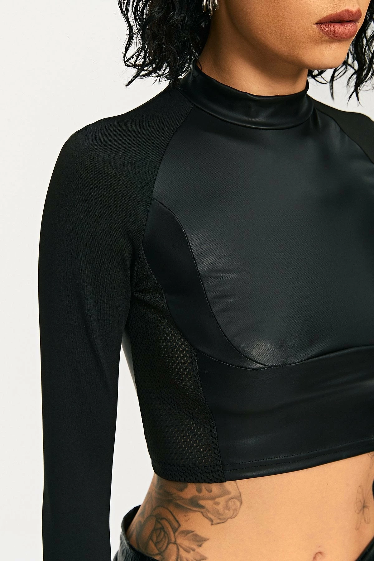 Solado Mock Neck PU Leather Splicing Long Sleeve Top 7 Solado Mock Neck PU Leather Splicing Long Sleeve Top - Image 5