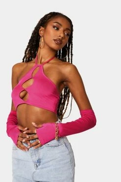Alternative view of SOLADO Halter Neck Cut Out Backless Crop Top With Oversleeve