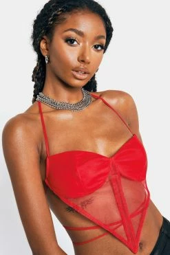 SOLADO Hanky Hem Cross Tie Halter Neck Mesh Crop Top