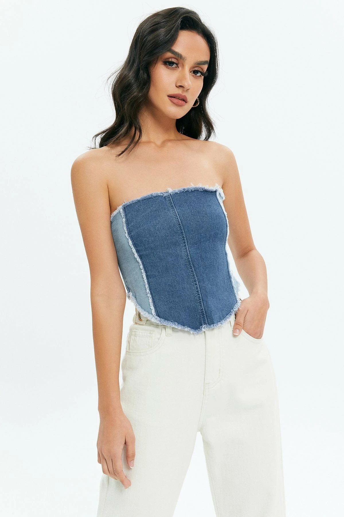 Solado Two Tone Raw Hem Zip Back Tube Corset Top 3 Solado Two Tone Raw Hem Zip Back Tube Corset Top