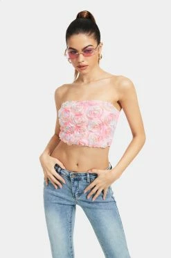 Solado Gradient 3D Flower Mesh Tube Shirred Crop Top