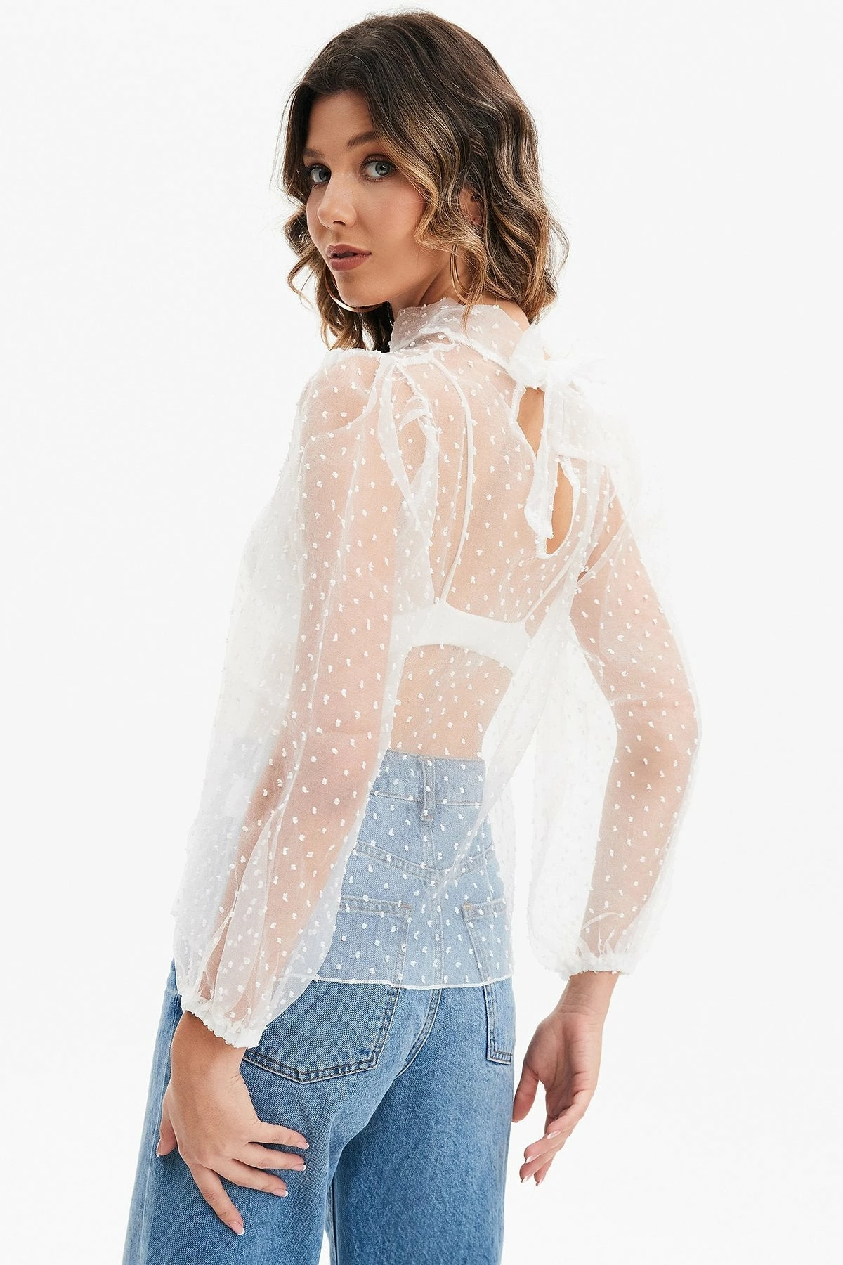 Solado Mesh Puff Sleeve Polka Dot Print Shirt 4 Solado Mesh Puff Sleeve Polka Dot Print Shirt - Image 2