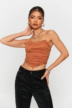 SOLADO Curved Hem Ruched Zipper Back Tube Crop Top