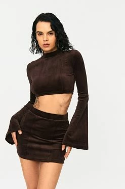 SOLADO Velvet Mock Neck Flared Sleeve Crop Top
