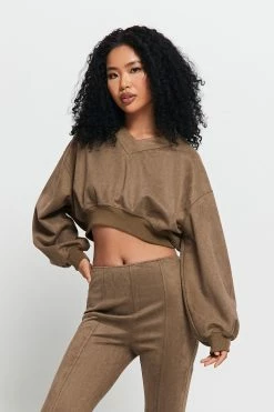 SOLADO Drop Shoulder Lantern Sleeve Cinched Waist Crop Top