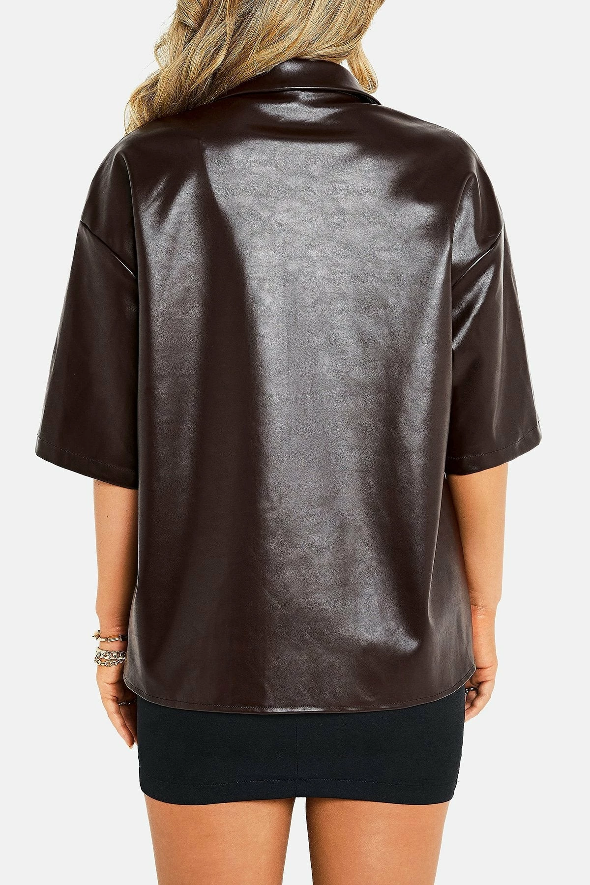SOLADO Lapel Neck Button Front Short Sleeve PU Leather Coat 9 SOLADO Lapel Neck Button Front Short Sleeve PU Leather Coat - Image 7