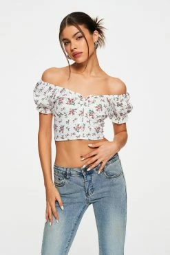 Solado Floral Print Off Shoulder Puff Sleeve Crop Top