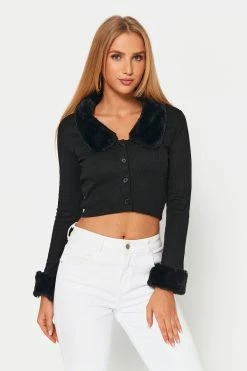 Solado Fluffy Trim Button Front Solid Crop Top