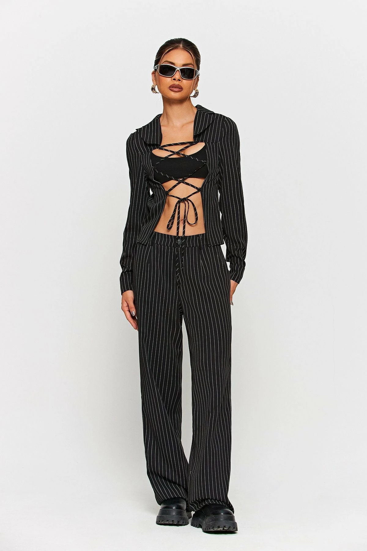 SOLADO Lapel Neck Stripe Print Lace Up Shirt Without Underwear 6 SOLADO Lapel Neck Stripe Print Lace Up Shirt Without Underwear - Image 4