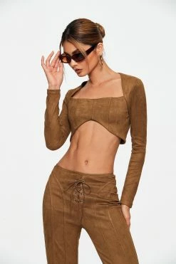 SOLADO Suede Asymmetrical Hem Long Sleeve Top