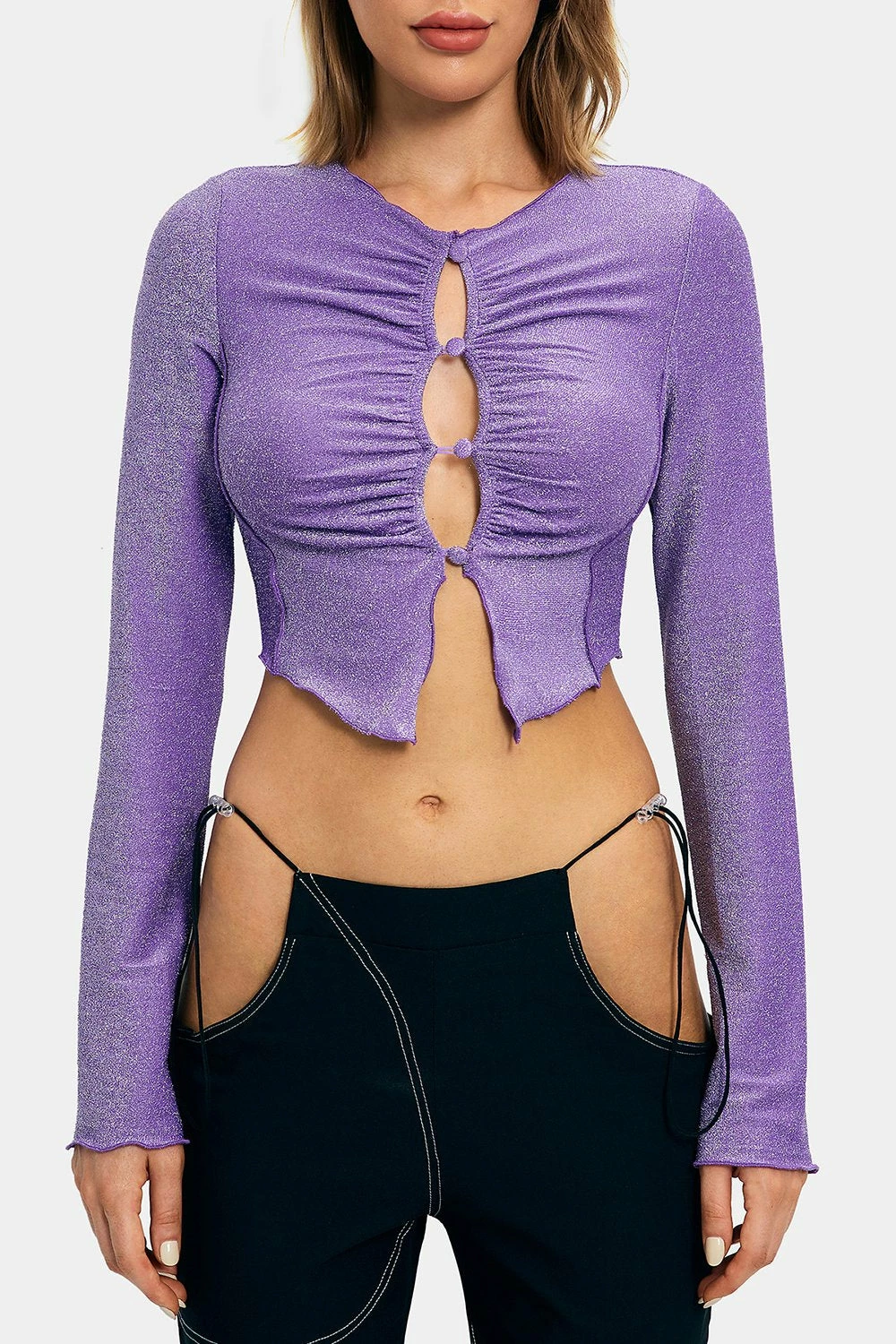 SOLADO Lurex Button Front Lettuce Trim Long Sleeve Top 8 SOLADO Lurex Button Front Lettuce Trim Long Sleeve Top - Image 6