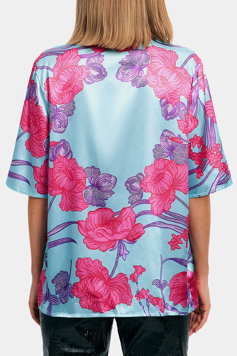 SOLADO Satin Flower Print Lapel Neck Short Sleeve Shirt 9 SOLADO Satin Flower Print Lapel Neck Short Sleeve Shirt - Image 7