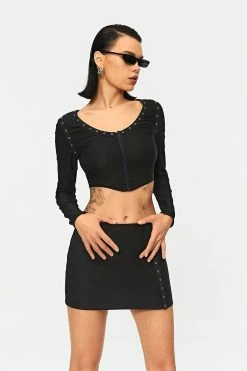 SOLADO Clavus Decor Asymmetrical Hem Long Sleeve Top